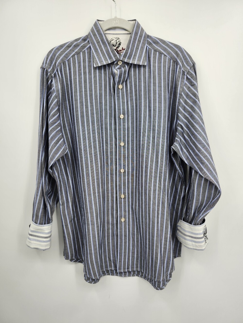 Robert Graham Designer Shirt Mens L Blue Black Stripes Long Sleeve Flip Cuff